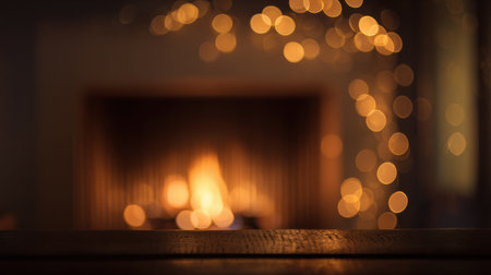 A cozy fireplace provides warmth as soft twinkling lights add a gentle glow, creating a relaxing atmosphere for a peaceful evening at home during winter.の素材