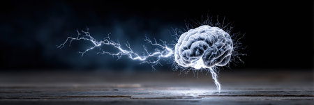 A brain surrounded by vivid lightning bolts symbolizes creative energy and intelligence, set against a dark background that highlights the concept of thought.の素材