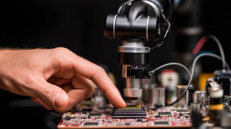 A robotic arm carefully inspects a microchip while a human hand touches the surface, showcasing advanced technology in action at a workstation.の素材