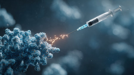 A syringe is actively injecting a substance into a virus in a detailed digital scene focused on medical research and healthcare advancements.の素材