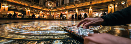 A person interacts with a tablet, immersed in digital art, surrounded by a stylish arcade filled with shoppers and ambient lighting at dusk.の素材