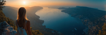 A woman stands at a scenic viewpoint overlooking the Mediterranean Sea, watching the sunset.の素材