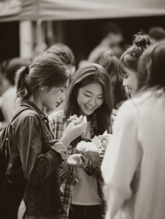 Young women smile and share sweet snacks while surrounded by a bustling market atmosphere and cheerful crowds on a bright dayの素材