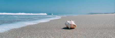 A beautiful shell lies on the soft sandy beach, with gentle waves approaching and a clear blue sky creating a serene atmosphere in the background.の素材