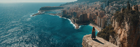 A person stands on a rocky outcrop, gazing at the beautiful Mediterranean coastline with its bustling city and calm blue waters under a clear sky.の素材