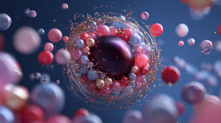 Colorful spheres and patterns represent atomic structures in a captivating display of science and art, creating a mesmerizing visual experience.の素材