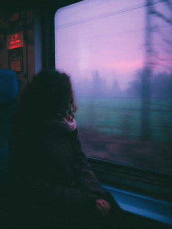 A person with curly hair sits by a train window, gazing out at a foggy landscape as twilight falls, creating a serene and atmospheric scene.の素材