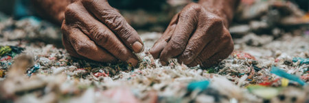 Hands are skillfully sorting and organizing vibrant textile scraps on a work surface, showing the dedication to a creative craft during daylight hours.の素材