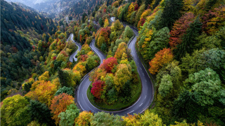 A scenic view of a curved road surrounded by colorful autumn foliage. The trees display shades of red, orange, and green, creating a picturesque landscape.の素材
