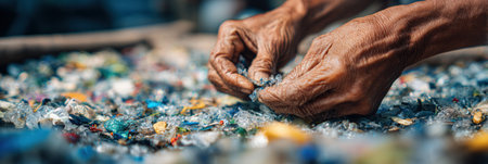 Handled waste materials are carefully sorted in a vibrant outdoor setting, highlighting the importance of recycling and environmental conservation efforts.の素材