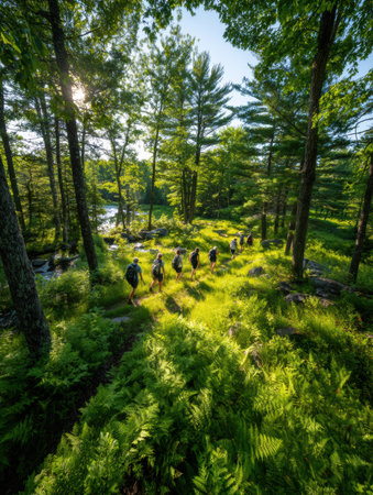 A group of hikers walks along a vibrant surrounded trail by tall trees and ferns, enjoying the warm light of a sunny afternoon near a river.の素材