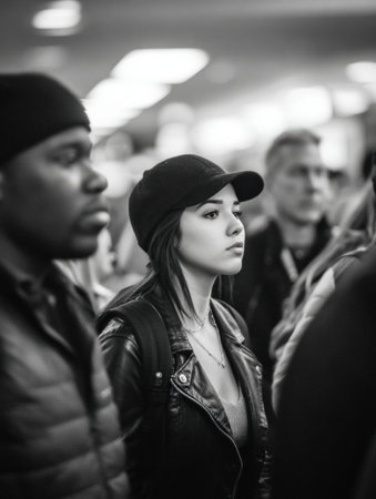 A young woman wearing a cap and leather jacket stands among a crowd, appearing thoughtful as people move around her in a vibrant indoor setting.の素材