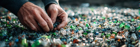 A person sorts through a variety of colorful glass pieces at a recycling center, engaging in environmentally friendly practices to promote sustainability.の素材