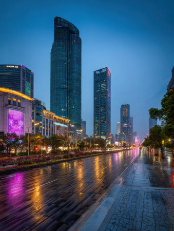A bustling city scene during dusk features tall skyscrapers adorned with colorful lights. Wet streets reflect these vibrant hues, creating a lively atmosphere.の素材