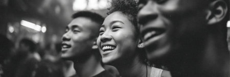 Three friends share smiles during an animated evening event, capturing the energy and connection among them in a vibrant atmosphere.の素材