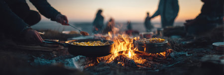 Group of people cooking a meal over an open fire while enjoying a beautiful sunset at a campsite, creating a cozy and warm atmosphere.の素材