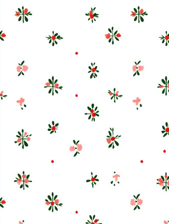 This vibrant patterned design showcases a variety of small flowers and dots in red and green on a clean white surface, ideal for textile applications.の素材