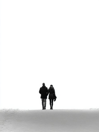 Two individuals stroll together on a tranquil snowy path, enjoying each others company against a peaceful, bright backdrop.の素材