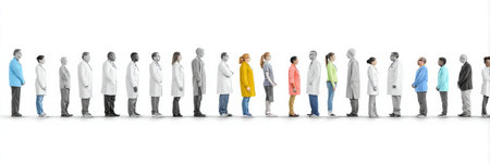 A diverse group of medical professionals stands in a line, reflecting collaboration and unity in healthcare practices while engaging in professional duties.の素材