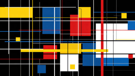Bright red, yellow, blue, and white squares on a black backdrop form a vivid abstract pattern, showcasing modern art design.の素材