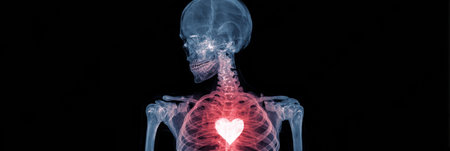 A striking visual displays a skeletal figure with a radiant heart glowing in the chest area against a black background.の素材