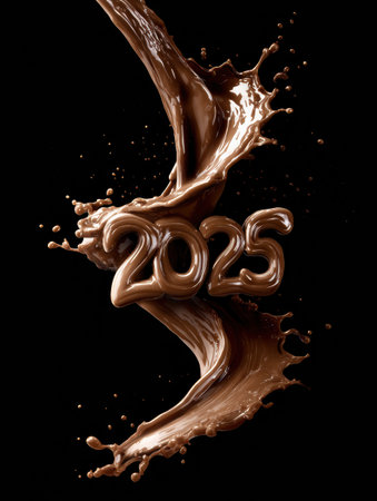 A dynamic splash of chocolate forms the number 2025, showcasing fluid motion and rich texture against a deep black background, evoking excitement.の素材