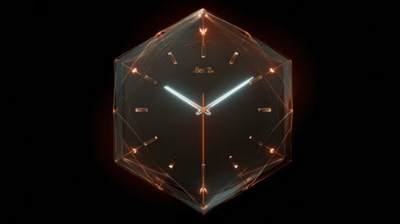 A striking clock design characterized by a hexagonal shape and illuminated hands against a dark backdrop, showing casing modern aesthetic elements.の素材