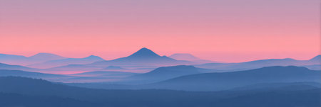 Soft pastel colors fill the sky at dawn as mountains rise in the distance, creating a peaceful landscape that invites tranquility and reflection.の素材