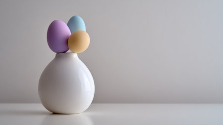 Pastel colored eggs are arranged in a minimalist white vase, creating an elegant display that captures the spirit of spring and Easter celebrations.の素材