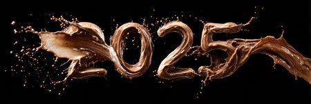 Chocolate flows and splashes create the numbers 2025, showcasing a dynamic and artistic arrangement with a dark backdrop, symbolizing celebration.の素材