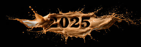 A dynamic splash of coffee creates a vibrant visual effect, highlighting the year 2025 in an eye-catching design against a solid black backdrop.の素材