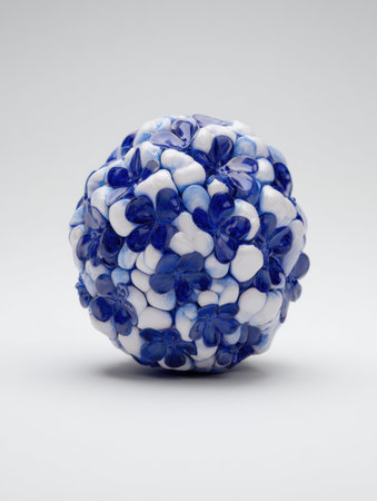 A decorative ball made from blue and white floral pieces sits on a plain background, displaying its intricate design and craftsmanship in vibrant colors.の素材