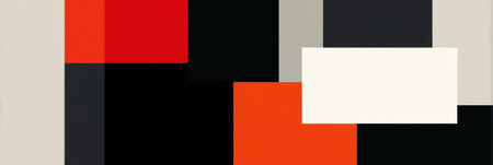 Colorful geometric shapes arranged creatively, highlighting bold reds, blacks, and whites. This modern artwork evokes a sense of depth and structure.の素材