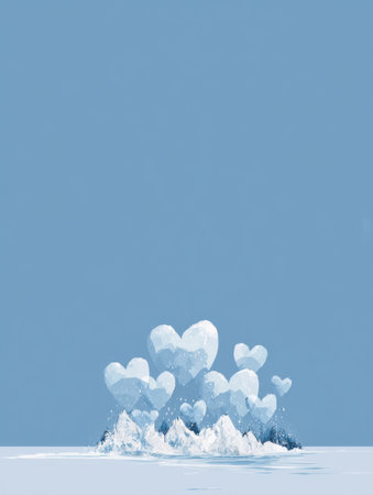 A collection of ice hearts emerges from smooth water, creating a serene scene under a bright blue sky, symbolizing love and harmony in nature.の素材
