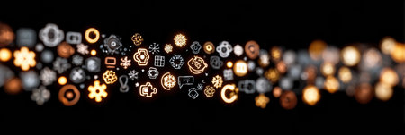 Vivid icons glow in a dynamic pattern showing various technology themes.の素材