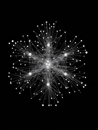 Intricate web of lines and dots forms a striking geometric pattern, showcasing connection and complexity against a dark backdrop.の素材