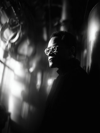 A person wearing glasses stands thoughtfully in a dimly lit industrial area, light creating striking contrasts and shadows, adding drama to the scene.の素材