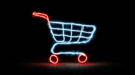 A shopping cart is outlined with bright red and blue lights in a dark setting, showcasing a creative light drawing technique that captures attention.の素材