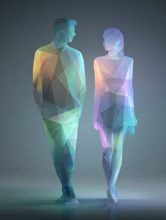 Two stylized figures walk side by side, filled with bright geometric patterns that reflect a contemporary artistic approach, creating a lively atmosphere.の素材