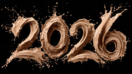 Dynamic splashes form the year 2026, illustrating fluidity and creativity, set against a contrasting dark backdrop for a striking visual effect.の素材