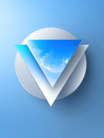 A minimalist digital artwork displays a stylized blue triangle layered over a circular shape, creating a serene atmosphere with a glimpse of sky and clouds.の素材