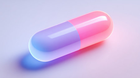 A large, colorful capsule rests on a smooth surface, blending vibrant pink and purple shades. The scene emphasizes modern design and simplicity.の素材