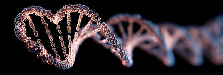 A visually striking structure of DNA arranged in a heart shape, illustrating the connection between genetics and emotions, set against a dark background.の素材