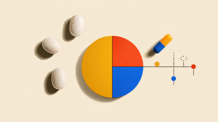 Geometric shapes in yellow, blue, and red are creatively arranged with capsules and textured stones, presenting a modern and vibrant aesthetic.の素材