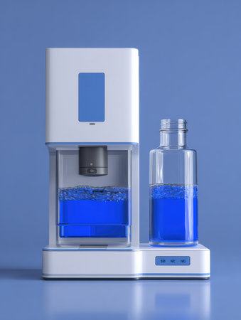 Water dispenser displays blue liquid in a clear bottle, highlighting its contemporary design against a soft blue background. Ideal for hydration.の素材