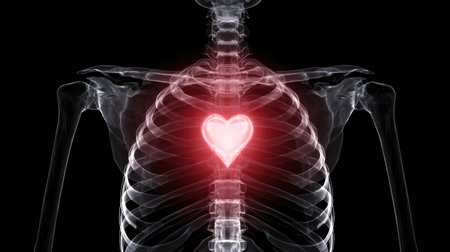 A skeleton shows its internal structure with a bright heart at the center, emphasizing the link between biology and feelings in a creative depiction.の素材
