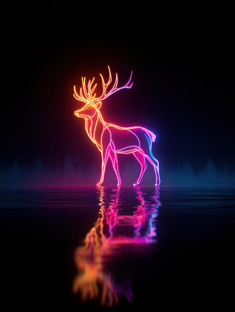 A neon deer figure stands majestically on shimmering water under the night sky, showcasing vibrant colors that enhance the tranquil atmosphere of the scene.の素材