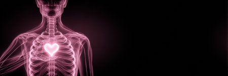 Artistic skeleton illustration highlighting a glowing heart in bright pink against a dark background.の素材