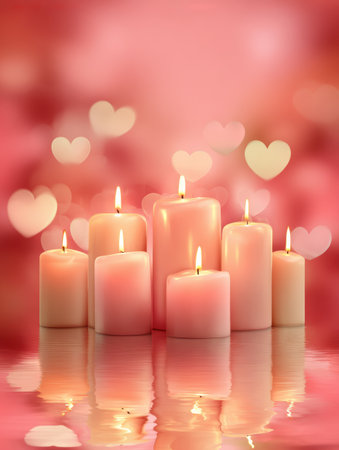 A group of soft pink candles burns brightly against a backdrop of blurred heart shapes, creating a warm and romantic atmosphere for a special occasion.の素材