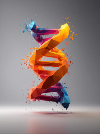 A bright, geometric representation of a DNA double helix stands out against a gray background.の素材